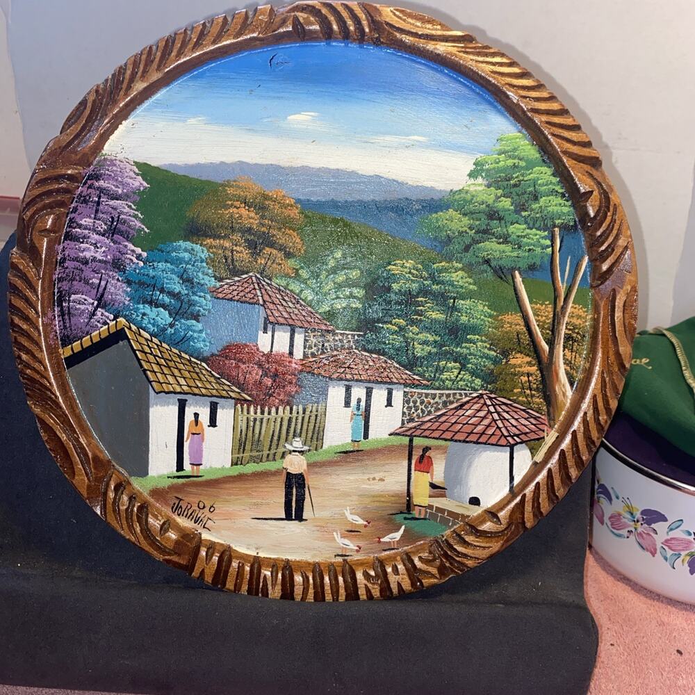 Vintage Signed Painting Wood Hand Carved Honduras Landscape/People/Village